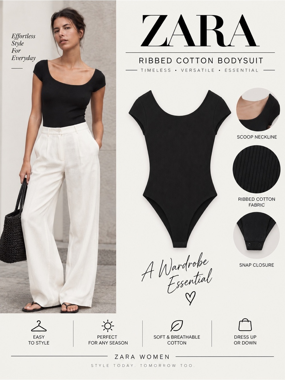 Zara Black Ribbed Cotton Scoop Neck Bodysuit NWT Size L